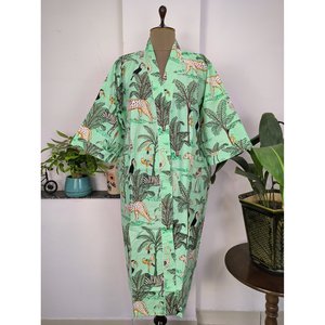 Pure Cotton Summer Dress Indian Handprinted Boho House <b>Robe</b> Pistachio Mint Green Luxury Cheetah Animal Print for <b>Beach</b> Holidays - Product Image 1