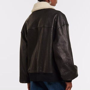 Chaqueta de cuero con cuello de piel de oveja marrón oscuro genuino para mujer, diseño personalizado duradero con cremallera, Invierno 2026 - Product Image 1