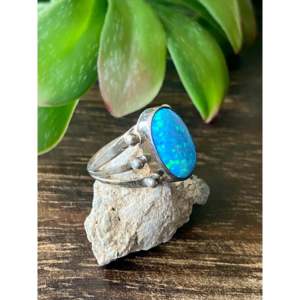 Navajo Made Blue Opal & <b>Sterling</b> <b>Silver</b> <b>Ring</b> Size 5.75 Rhodium Plated Everyday Wear Gemstone <b>Ring</b> with Bezel Setting - Product Image 3