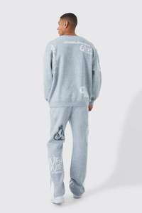 Heather <b>Grey</b> 100% Cotton 550GSM Flared Stacked Sweatpants and Oversized Crew Neck <b>Sweatshirt</b> Set Oversized Graffiti Tracksuit - Product Image 3