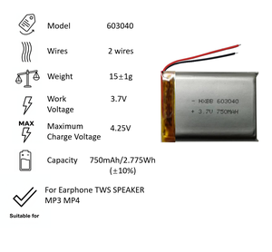 Литий-полимерный аккумулятор 603040 с 2 проводами, 603040-2, 750 мАч, 3.7В, с сертификатом UN38.3 MSDS, перезаряжаемый, для MP3, MP4, TWS-колонок - Product Image 3