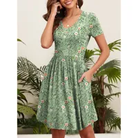 Femmes couleur verte imprimé fleuri à manches courtes robes décontracté coupe ample balançoire t-shirt robe col en V robe d'été avec poches de BD