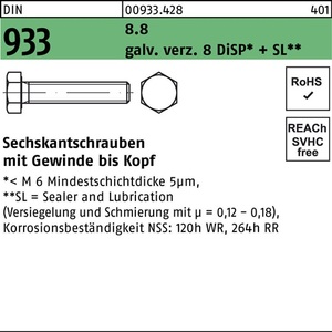 Hex Head <b>Screw</b> DIN 933 VG M6x70 8.8 <b>Galvanized</b> Zn 8 DiSP + SL 200 Pieces - Product Image 1