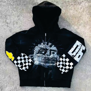 Pull à capuche en coton surdimensionné imprimé personnalisé pour hommes sweats à capuche graphiques courts à épaules tombantes style costume en tissu français - Product Image 3