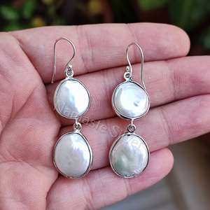 Handmade 925 Sterling <b>Silver</b> Dangle <b>Earrings</b> Genuine Freshwater Coin <b>Pearl</b> with Gold Elegant Jewelry Gift for Her Birthday - Product Image 2