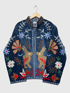 Bohemian Embroidered <b>Velvet</b> Jacket Full Sleeve Mandarin Collar Floral Pattern Plus Size Women's Winter Wear - Product Image 1