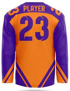 Maillot de hockey sur glace personnalisé orange et violet, uniforme d'équipe, nom et numéro de joueur personnalisés, design géométrique moderne, vêtements de performance - Product Image 4