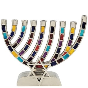 Hanukkah Menorah Blue Jeweled Mosaic Style Acentos con estrella de metal de calidad premium altamente pulido - Product Image 5