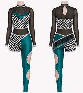 Set Uniforme Majorette Personalizzato, Tuta con Stampa Zebrata Turchese, Collo Alto, Maniche in Rete, Gamba Asimmetrica con Frange, Unitard Nero per Danza - Product Image 4