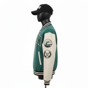 Veste universitaire pour femmes en mélange de laine avec panneaux en cuir PU, logo en chenille personnalisé, design bleu sarcelle et crème, vestes universitaires pour femmes - Product Image 3