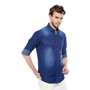 Camisas de mezclilla de verano para hombres Camisas de negocios al por mayor Camisas de tela de algodón con estampado de moda de manga larga de color sólido - Product Image 4
