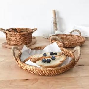 Haute qualité grand bohème tissé à la main rotin plateau naturel tissé panier de rangement fruits décor à la maison à la main pliable détachable - Product Image 3