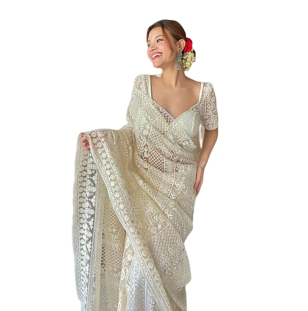 Indiase Trending Prachtig Ontworpen Saree Organza Met Borduurwerk Saree Voor Feest-En Trouwkleding