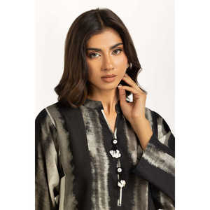 Ensemble coordonné imprimé en crêpe à col mandarin IPST-55093, haute qualité, 100% polyester, tenue décontractée 2 pièces pour femmes, tailles XS et XXS - Product Image 1