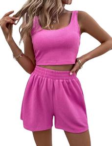Nuevo conjunto de punto sin mangas de verano para mujer, pantalones cortos informales de Color sólido bonitos para jóvenes, traje de dos piezas a la moda - Product Image 5