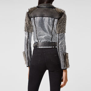 Chaquetas de Invierno para Mujer, de PU con Tachuelas, Lona No Tejida, Transpirable, Ecológica, de Secado Rápido, Personalizable, para Exteriores, Otoño, Color Sólido - Product Image 3