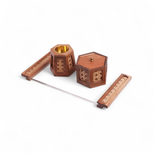 Juego de quemador Bakhoor de madera de mango aromático hecho a mano con taza de latón quemador de diseño geométrico islámico con caja de almacenamiento y bandeja - Product Image 1