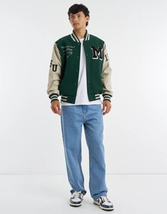 Blouson universitaire vert en toile pour homme avec lettre M brodée, style preppy, coupe classique, col montant, simple boutonnage - Product Image 2
