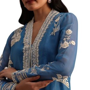 Blue Resham Work Kurti Palazzo Suit Vente en gros de vêtements ethniques pour femmes OEM Fournisseur d'usine Vêtements de fête personnalisés - Product Image 4