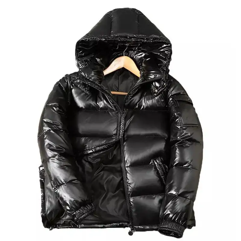 Black Thick Outdoor Fashion Shiny Lightweight Warmer Winter Short Hooded Duck Down Puffer Jacket For Men