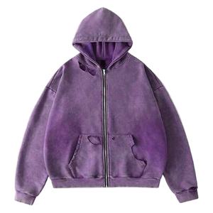 Sudadera con capucha vintage lavada con cremallera, estilo streetwear, de algodón grueso, talla grande, fabricante de ropa personalizada OEM - Product Image 2