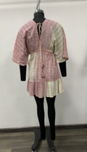 Boho Style Pink Striped <b>Linen</b> Cotton Mini <b>Dress</b> With Tie Neck Cap Sleeve Ruffle Hem Loose Fit <b>Summer</b> Casual <b>Dress</b> - Product Image 3