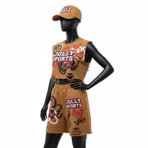 Ensemble t-shirt sans manches et short en molleton de coton premium pour femmes, 300 GSM, aspect vieilli marron, logo personnalisé, 100% coton, ensembles pour femmes - Product Image 4