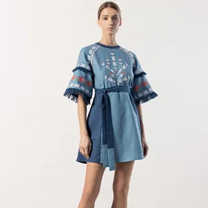 Embroidered Short Sleeve Mini Sexy Dress For Women Cotton Part Wear Ukrainian Dress