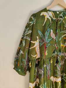 Green Jungle Safari Animal Print Cotton V-neck Long <b>Sleeve</b> Floor-Length <b>Maxi</b> <b>Dress</b> <b>Summer</b> Women's Vacation Wear Handcrafted - Product Image 3