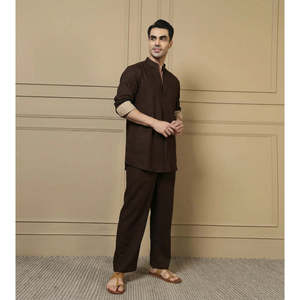Deebaco <b>Men's</b> Solid Brown Cotton Co-Ord Set Full Sleeve Mandarin Collar Casual Kurta With Pajama Summer Daily Wear 2 Piece Set - Product Image 5