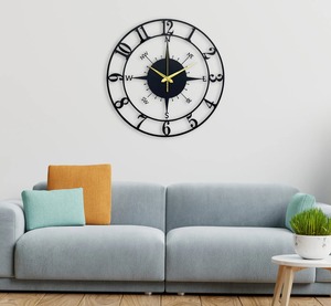 Reloj de pared negro de Metal moderno con manecillas doradas, reloj decorativo de estilo brújula único para paredes de sala de estar y oficina - Product Image 5