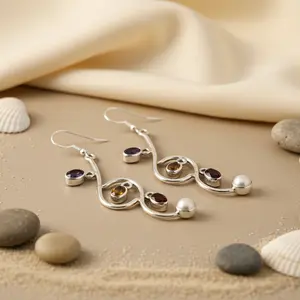 Boucles d'oreilles pendantes en argent 925 avec pierres précieuses multiples pour femme, cadeau - Product Image 1