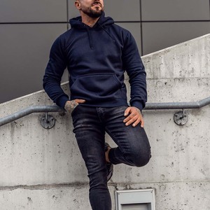 Logo personnalisé bleu marine sweat-shirt à capuche en coton vierge pour hommes pull-over polaire - Product Image 2