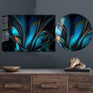 Impression sur toile abstraite moderne bleue et orange : décoration murale vibrante, art sur verre trempé - Product Image 1