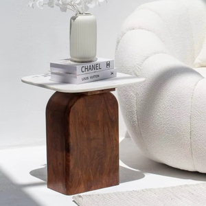 Table de chevet moderne en bois de manguier massif avec dessus en marbre blanc Table d'appoint assemblée chambre à coucher salon salle à manger école meubles de maison - Product Image 1