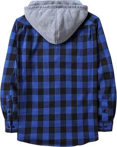 Direct Factory OEM 100% Cotton Fabric Black and Blue Plaid <b>Men</b> High Quality Long Sleeve Classic Flannel Hoodie <b>Men's</b> <b>Shirt</b> - Product Image 4