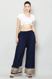 Pantalones Palazzo de rayón con estampado dorado azul para mujer, pantalones de pierna ancha de uso diario de talla única, bolsillo decorado con tinte de costura arrugada Sexy - Product Image 5