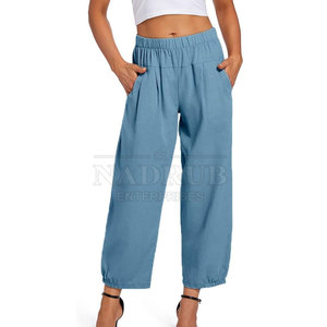 กางเกงผ้าลินินเอวสูงสำหรับผู้หญิงกางเกงสเวตเตอร์ทรงหลวมสำหรับใส่ไปทะเลสไตล์ฤดูร้อน - Product Image 3