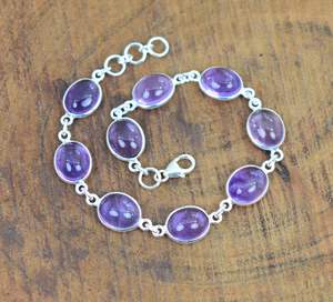 Purple Amethyst 925 Sterling <b>Silver</b> Oval Gemstone <b>Adjustable</b> <b>Bracelet</b> 9 Stone Handmade Jewelry Women Gift - Product Image 2