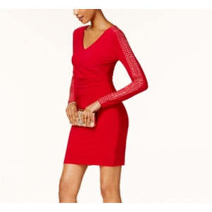 For Guess Women's Red Studded Ruched Sheath <b>Dress</b> Embroidered <b>Pattern</b> and Beaded Appliques Sizes XS-XL for <b>Prom</b> or Evening - Product Image 2