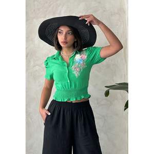 Topshow - Blusas de Lino con Estampado Floral de Pistacho para Mujer, Elegantes Blusas con Estampado Floral - Product Image 5