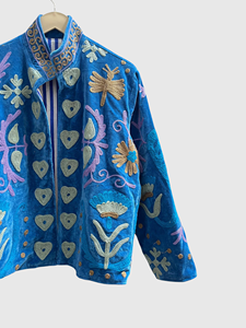 Blue Velvet Embroidered Jacket Mandarin Collar Full Sleeve Plus Size Women'<b>s</b> Floral Pattern Hand Embroidery Autumn Wear - Product Image 3