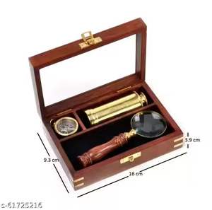 Télescope en bois et laiton indien, boussole, loupe, fournitures nautiques anciennes faites à la main, coffret cadeau, boîte en bois, décoration murale pour la maison - Product Image 3
