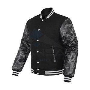 Men Genuine Leather Sleeve & Wool Blend Varsity <b>Jacket</b> Classic College Letterman Elastic Ribbed Trim Adjustable Fit Black-<b>camo</b> - Product Image 1