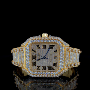 Fully Iced White VVS Moissanite Diamond Yellow Gold Plated Stainless Steel Square Square Men's <b>Watch</b> ETA for Birthday - Product Image 1