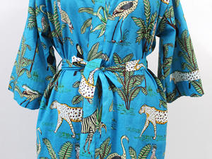 Bata de Baño Tipo Kimono con Estampado Animal Turquesa, 100% Algodón, Cuello en V, Transpirable, para Mujer, Ropa de Dormir para Primavera y Otoño - Product Image 4