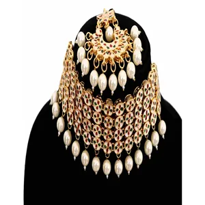 Ensemble de bijoux fins plaqués or 24 carats Kundan, collier crème avec boucles d'oreilles et Maang Tikka pour cadeau de mariage - Product Image 3