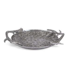 Plateau de service rond en aluminium martelé avec poignées en bois de cerf, finition argent antique, plat en métal décoratif pour la décoration de la maison et les événements - Product Image 1