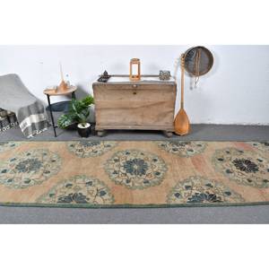 Alfombra turca vintage Beige verde 3,8X12,3 pies clásico área grande lana látex respaldo rectángulo Patchwork para pasillo para habitaciones - Product Image 1