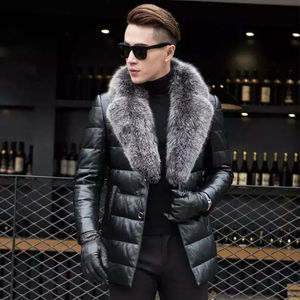 Premium Mens PlusSize Winter Sheepskin Bomber Jacket Handmade Waterproof Eco-Friendly with Luxurious Fox <b>Fur</b> Collar Casual Style - Product Image 4